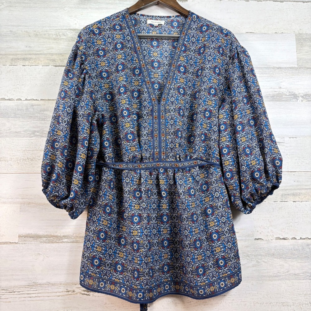 Max Studio Blue Floral Medallion Balloon Sleeve Tie Back‎ Blouse 1X Boho Indie